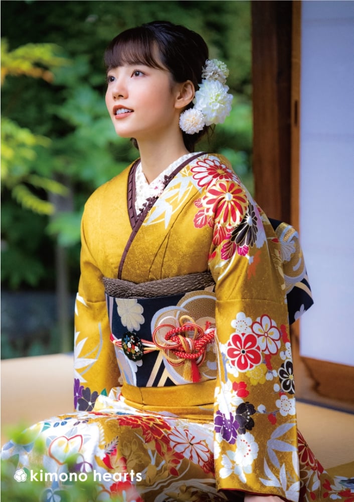 505z27〇振袖 地紋 金駒刺繍 桜 菊 黄色〇美品 成人式 結婚式 節約