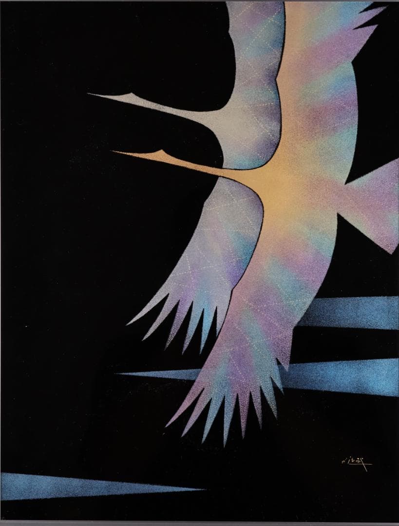 真作 輪島塗沈金 日展作家 加治武 「 双鶴飛翔 」 漆芸画 6