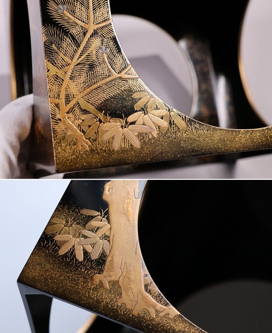 MB183】加賀蒔絵 花鳥本金蒔絵 大盃 盃台 天然木漆塗 鶏 松竹梅 鶴霊芝