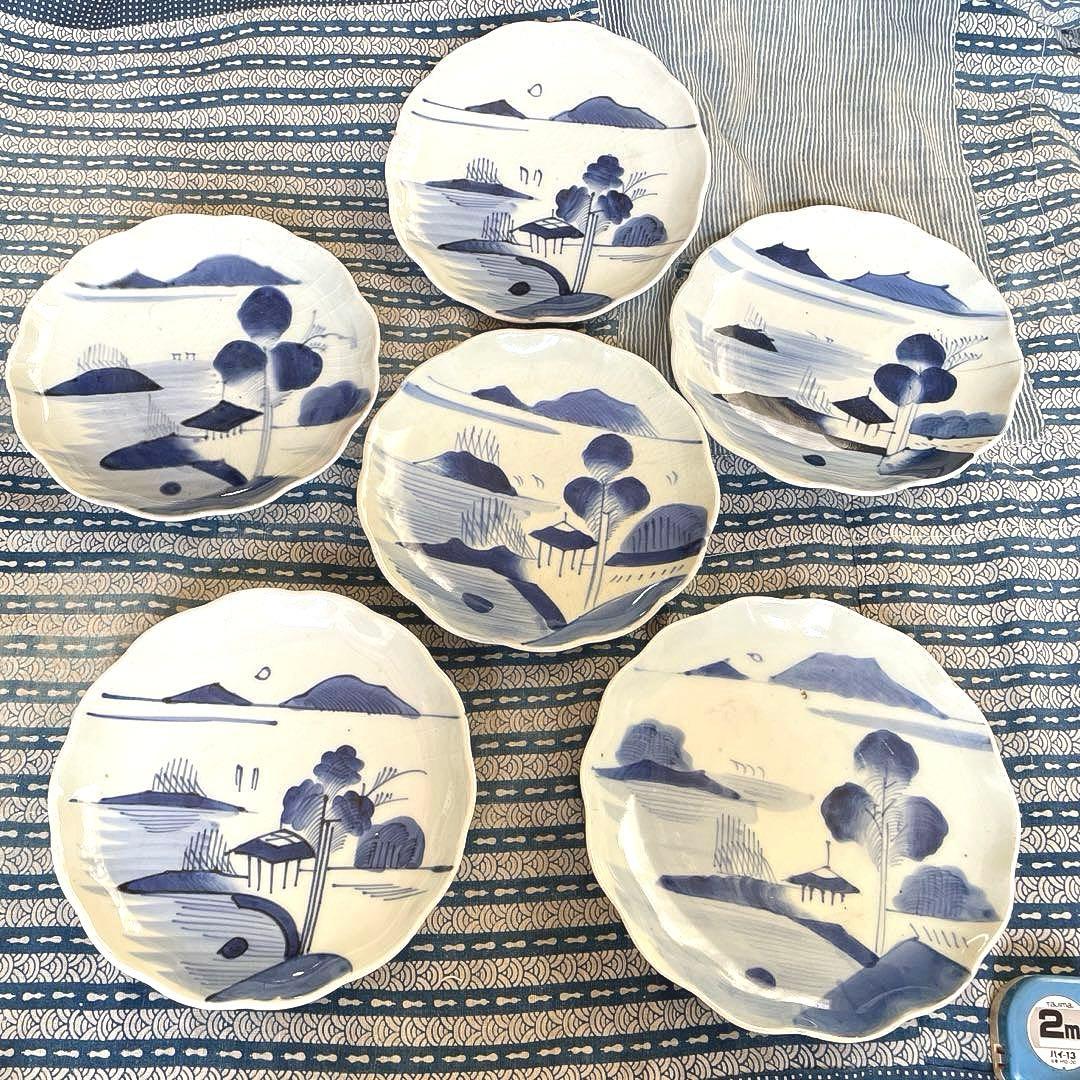 江戸時代 古伊万里 染付 山水図 中皿 6客