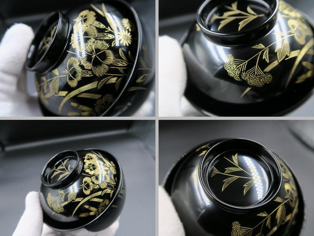 輪島塗】極美品 秋草沈金 吸物椀 坂本漆器店 黒塗 五客揃